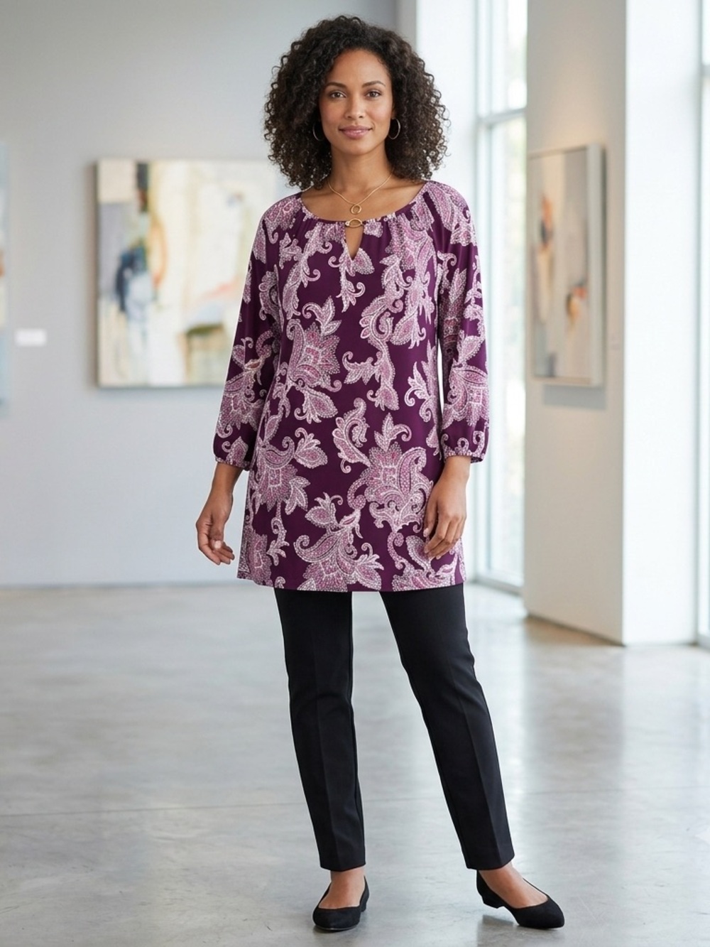 Roz & Ali Small Purple Paisley Tunic Top w/ Raglan Sleeves